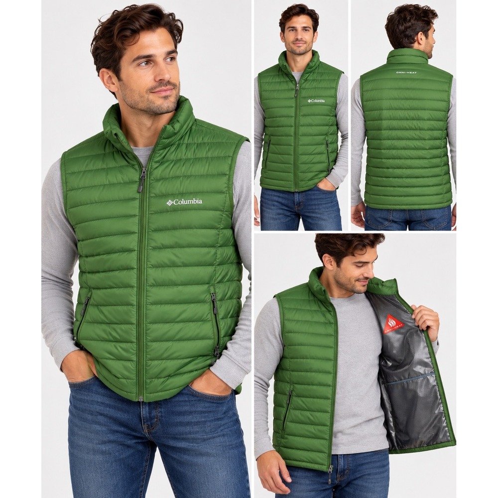 Columbia Omni-Heat Down Puffer Vest Mens XL Green Quilted Full Zip Insulated